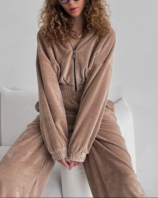 Womens Velvet 2 Piece Set Zip Hoodie Wide Leg Pants
