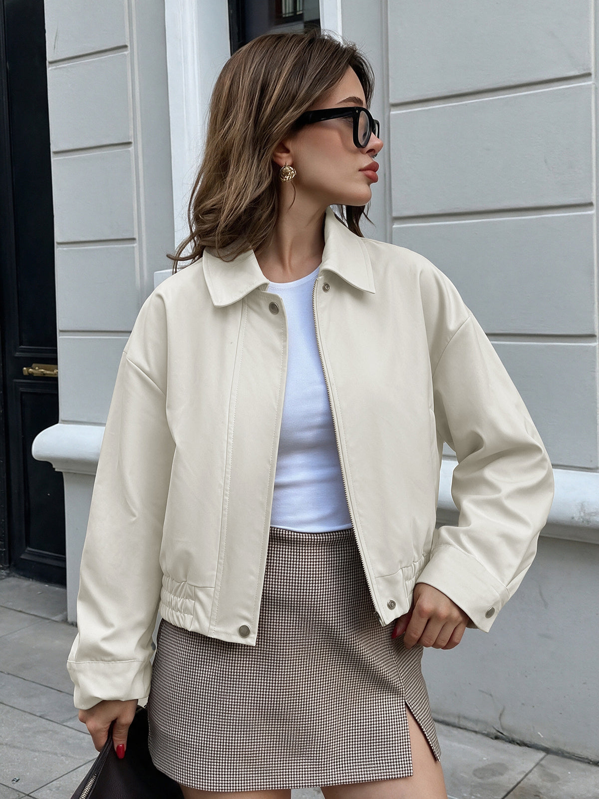 Solid Collared Cropped Jacket Zip Up Relaxed Fit