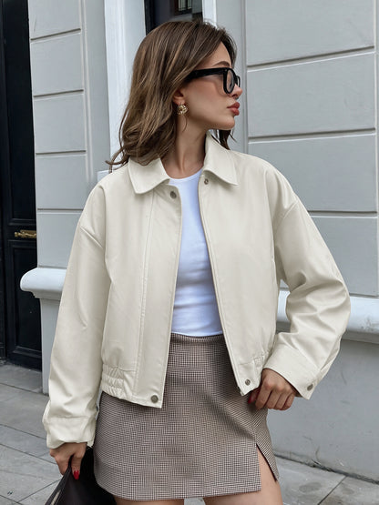 Solid Collared Cropped Jacket Zip Up Relaxed Fit