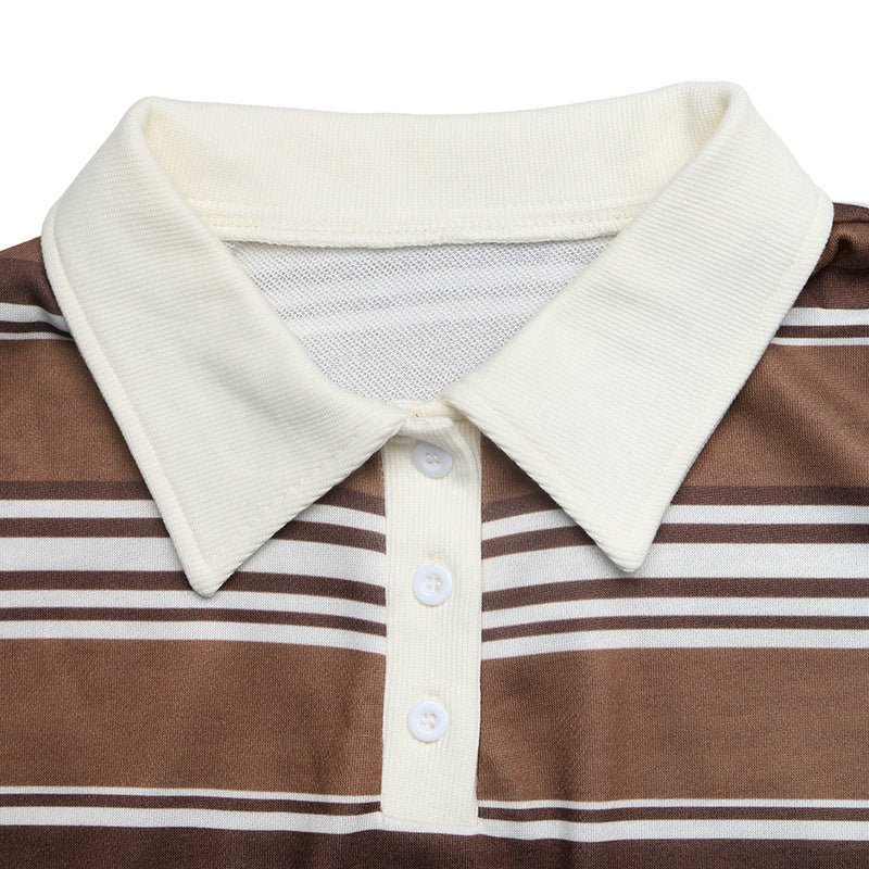 Striped Polo Sweatshirt Contrast Collar Relaxed Fit
