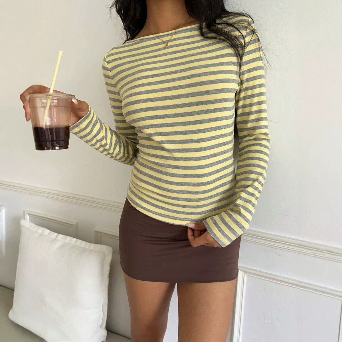 Striped Cotton Blend Long Sleeve Fitted Casual Tee