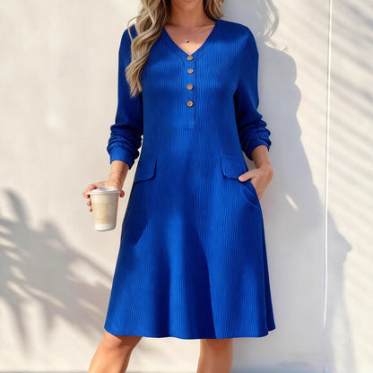 Ribbed V Neck Button Long Sleeve Midi Knit Dress Pockets