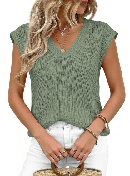 V Neck Knit Sweater Vest Sleeveless Loose Summer Top