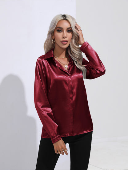 Women's Satin Long Sleeve Collared Blouse