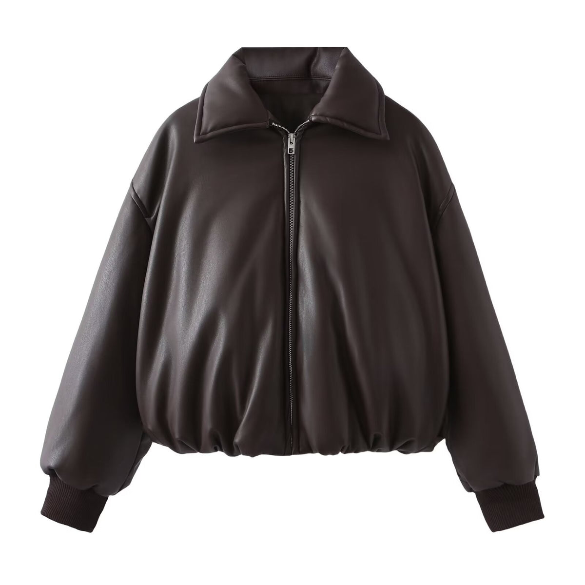 Women's Cropped Faux Leather Puffer Jacket Zip Up