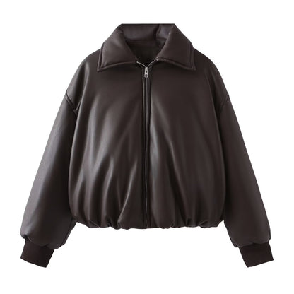 Women's Cropped Faux Leather Puffer Jacket Zip Up