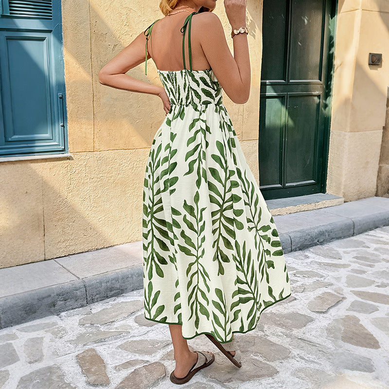 Summer Halter Dress Green Leaf Print Waist-Cinch Vacation Dress
