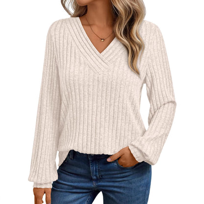 Textured Rib Knit V-Neck Pullover Long Sleeve Top