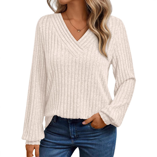 Textured Rib Knit V-Neck Pullover Long Sleeve Top