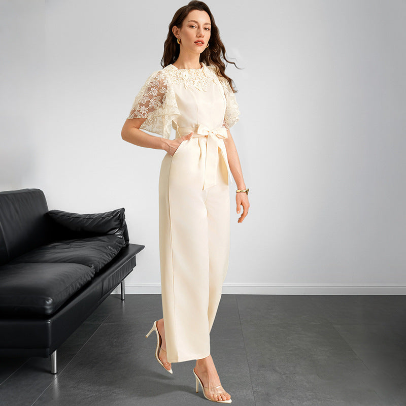 Elegant Lace Satin Wide Leg Belted Jumpsuit