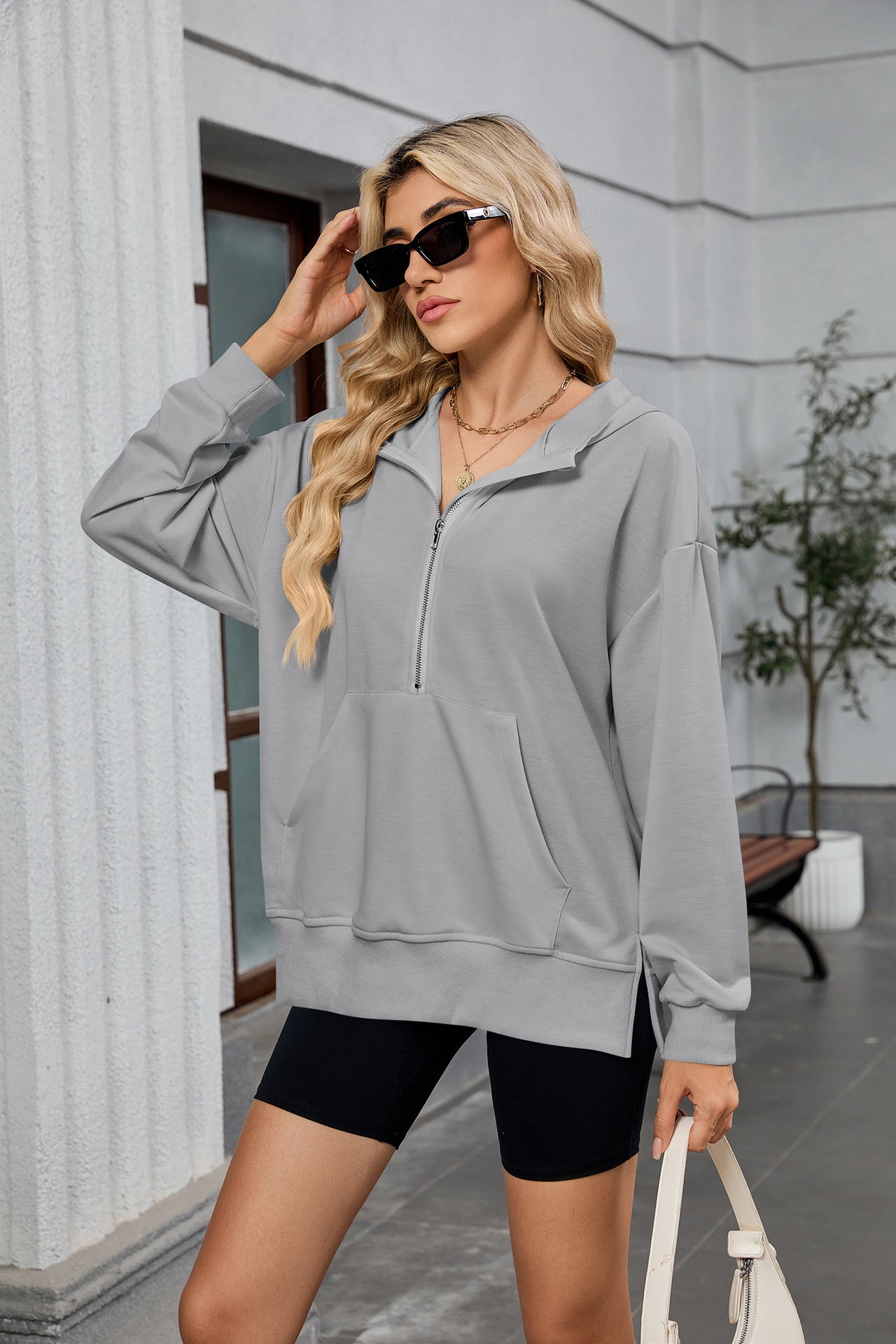 Womens Half Zip Hoodie Oversized Pocket Sweatshirt