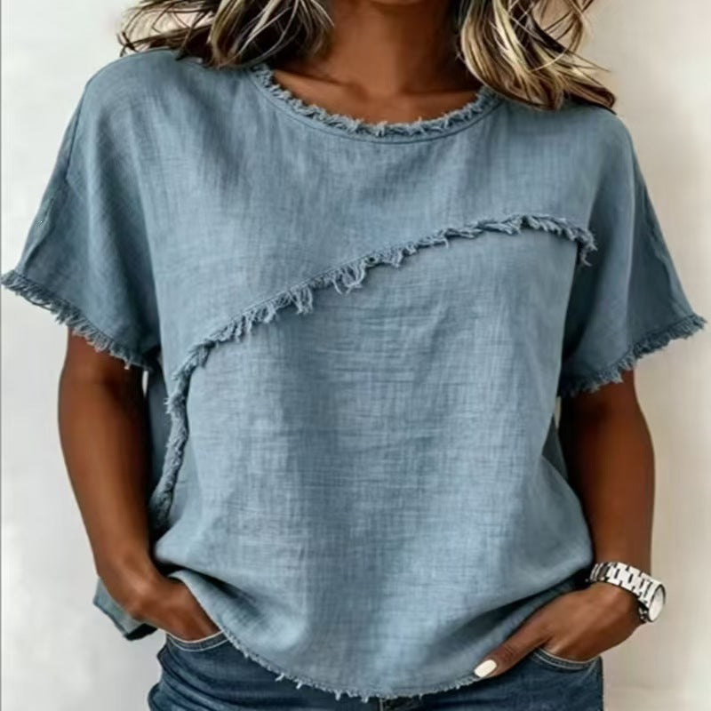 Frayed Trim Linen Blend Short Sleeve Relaxed Top