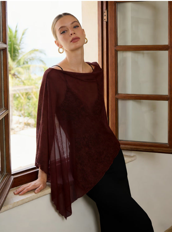 Sheer Chiffon Poncho Top Batwing Resort Cover Upr