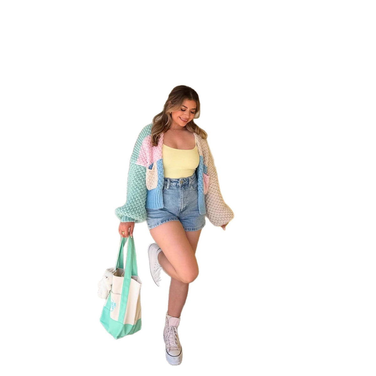 Colorblock V-Neck Chunky Knit Open Front Cardigan