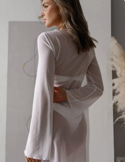 Women's Sheer Mesh Beach Cover Up Long Sleeve Dress