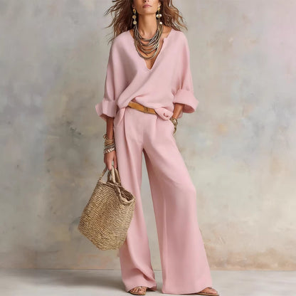 Women's Linen V-Neck Wide Leg Pants Two Piece Set