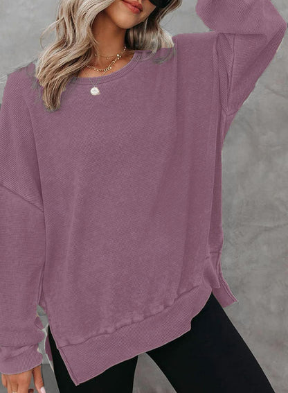 Waffle Split Hem Sweatshirt Women Casual Long Sleeve Top