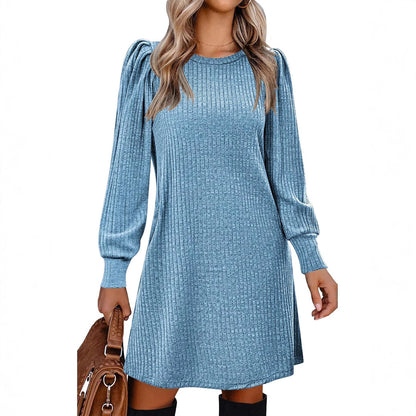 Ribbed Puff Sleeve A-Line Midi Sweater Dress