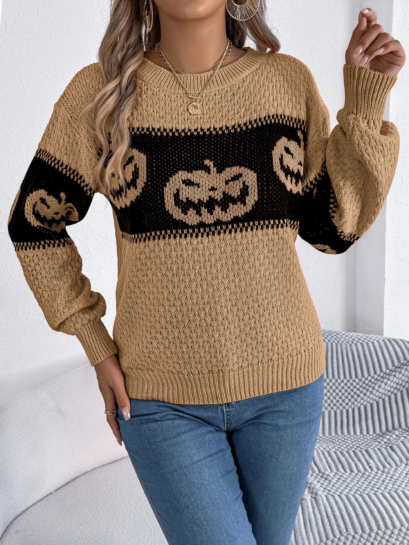 Halloween Pumpkin Pattern Colorblock Long Sleeve Sweater