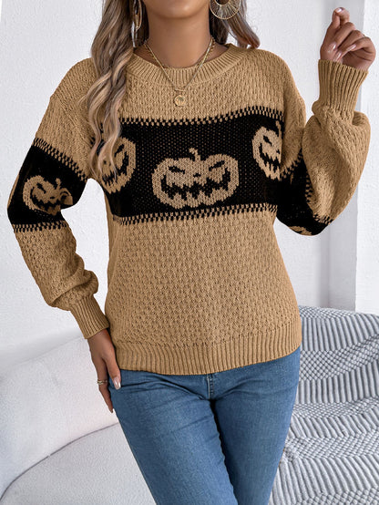 Halloween Pumpkin Pattern Colorblock Long Sleeve Sweater