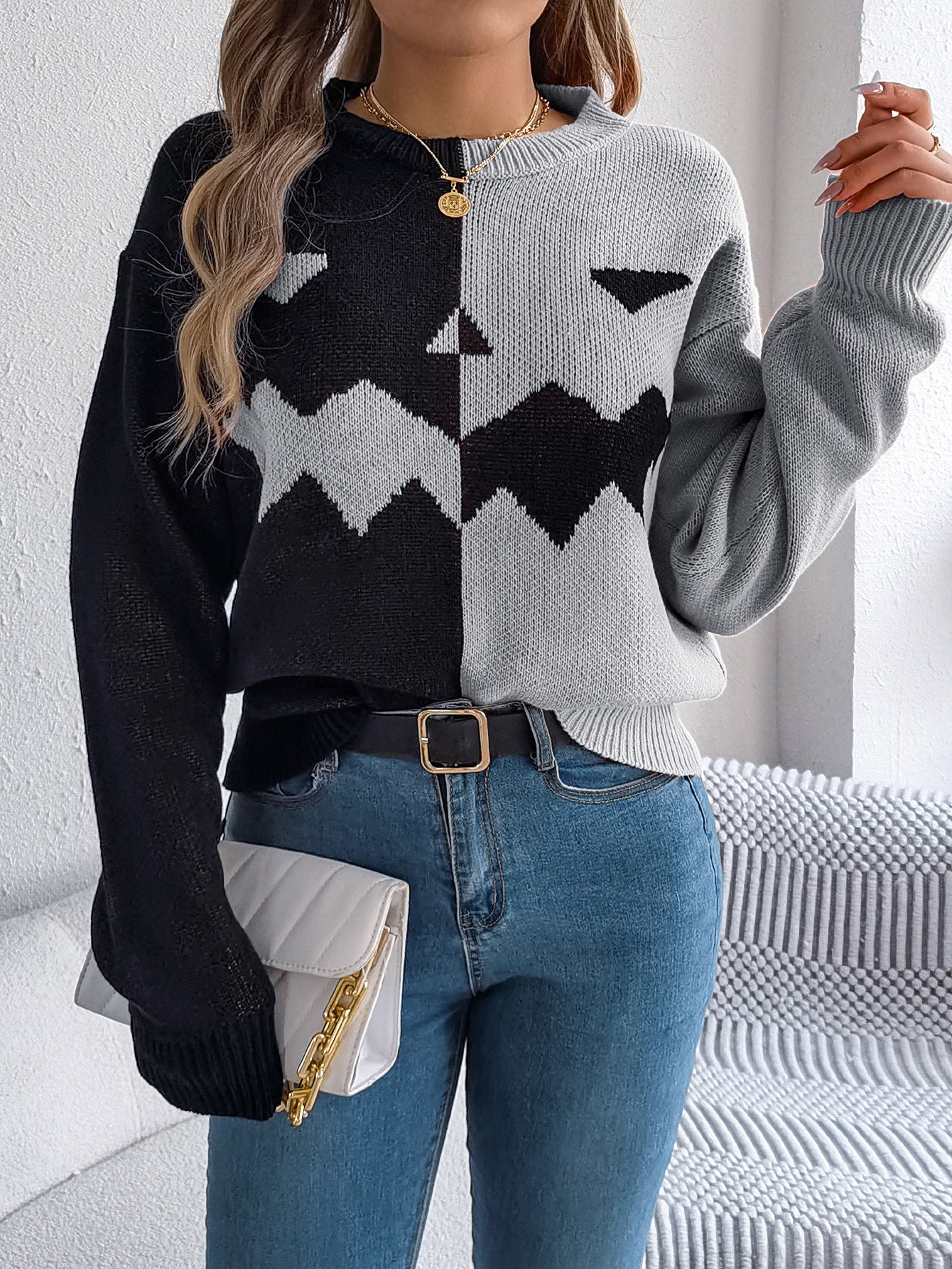 Ghost Pumpkin Colorblock Long Sleeve Sweater for Fall & Halloween