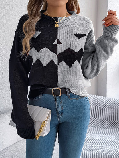 Ghost Pumpkin Colorblock Long Sleeve Sweater for Fall & Halloween