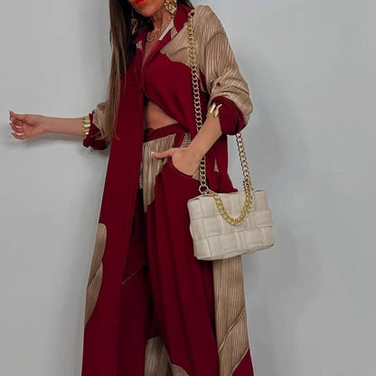 Women Color Block Oversized Shirt Pants Two Piece Set