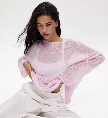 Sheer Knit Pullover Sweater Long Sleeve Loose Fit Top