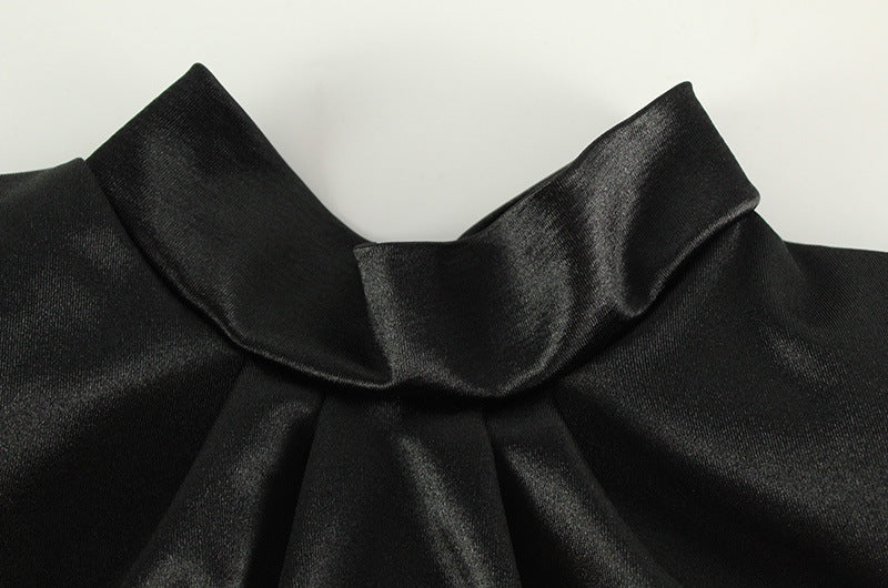 Satin Bell Sleeve Mock Neck Lace Trim Mini Dress
