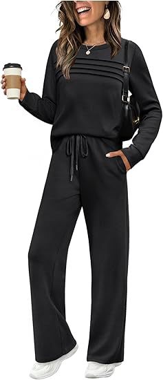 Women's 2 Piece Lounge Set Long Sleeve Wide Leg Pants
