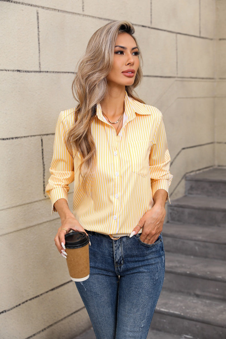 Women's Striped Long Sleeve Button Down Collared Shirt