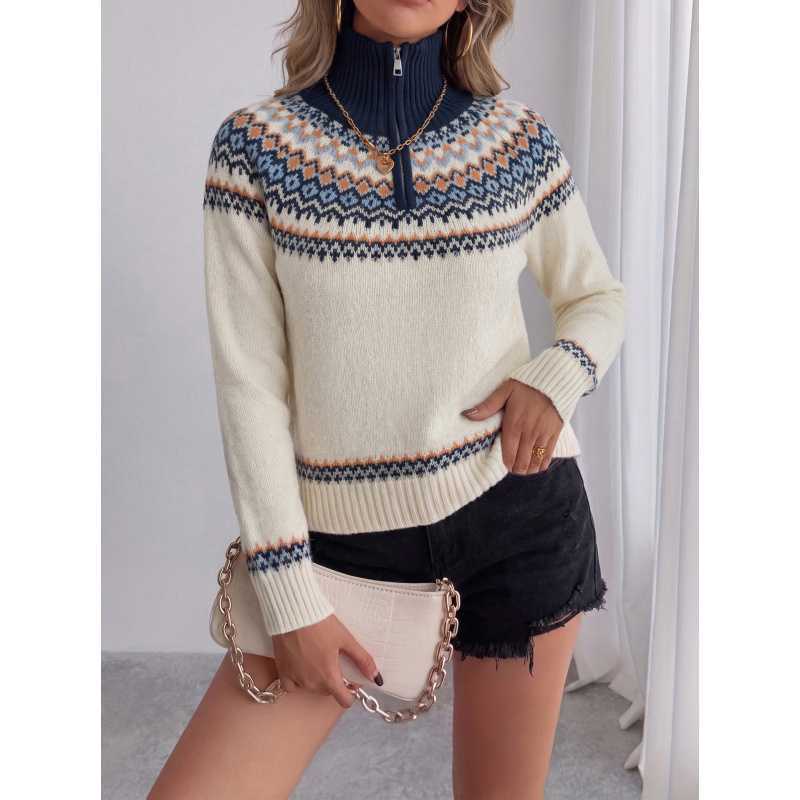 Women's Oversized Fair Isle Zip Turtleneck Sweater