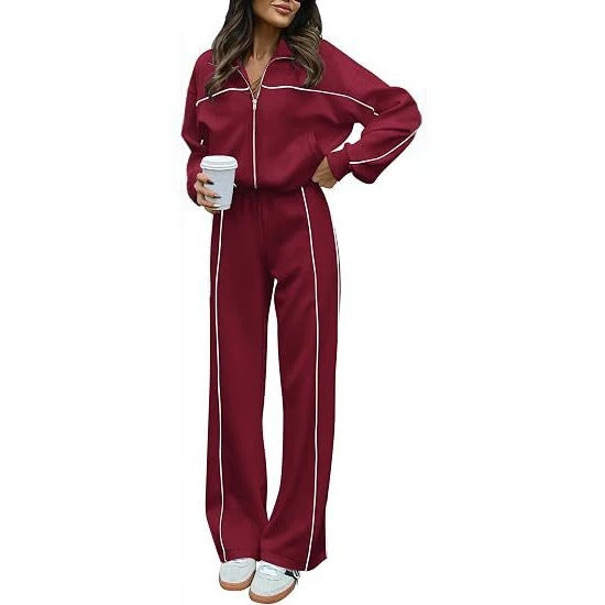 Contrast Trim Zip Jacket Pants Two Piece Set