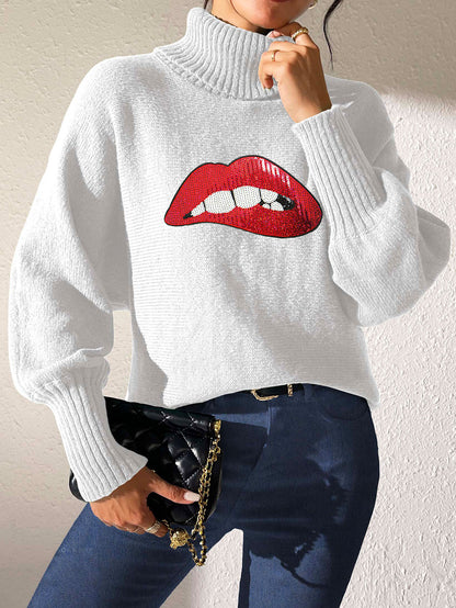 Ladies Bottom Shirt Sequin Embroidered Lip Turtleneck