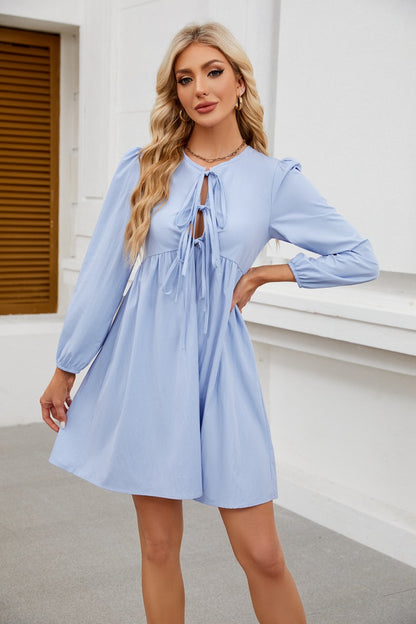 Bow Tie Long Sleeve Babydoll Dress with A-Line Silhouette