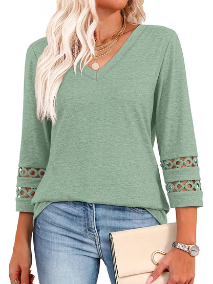 Women's V Neck 3/4 Sleeve Crochet Trim Loose Casual Blouse