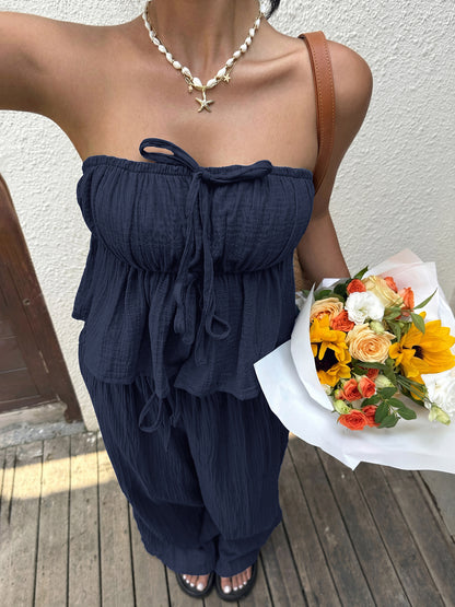 Navy Strapless Ruffle Top & Wide Leg Pants Two Piece Set