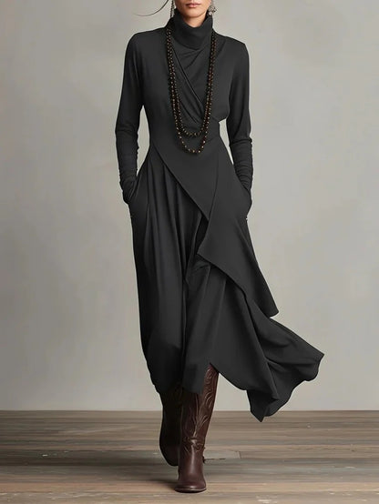 Women's Turtleneck Long Sleeve Asymmetric Midi Dress