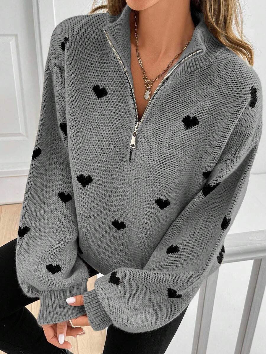 Women's Oversized Heart Print Quarter Zip Knit Sweater