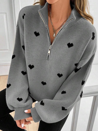 Women's Oversized Heart Print Quarter Zip Knit Sweater