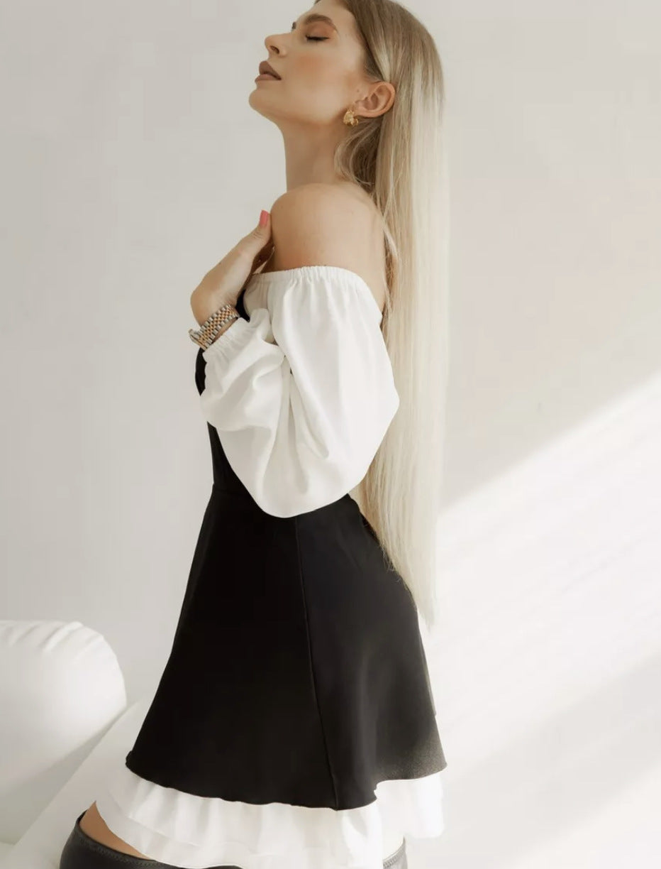 Black White Square Neck Puff Sleeve Ruffle A-Line Dress