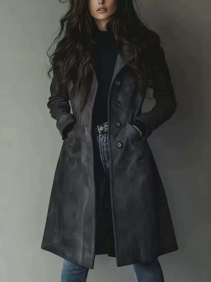 Women's Faux Suede Long Trench Coat Vintage Lapel