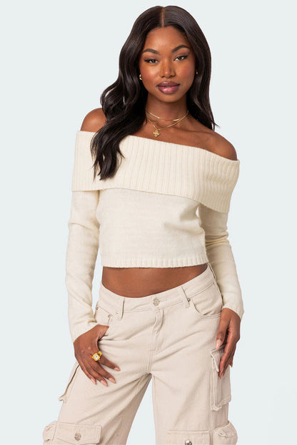 Off Shoulder Ribbed Knit Sweater Long Sleeve Crop Top