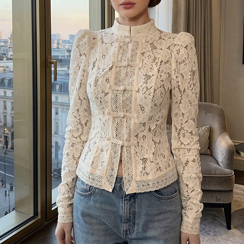 Women's Floral Lace Blouse Puff Sleeve Fitted Top