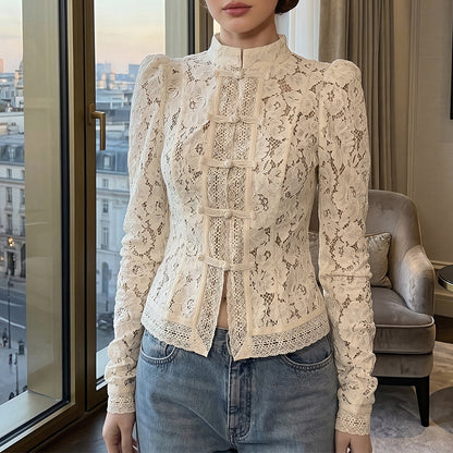 Women's Floral Lace Blouse Puff Sleeve Fitted Top