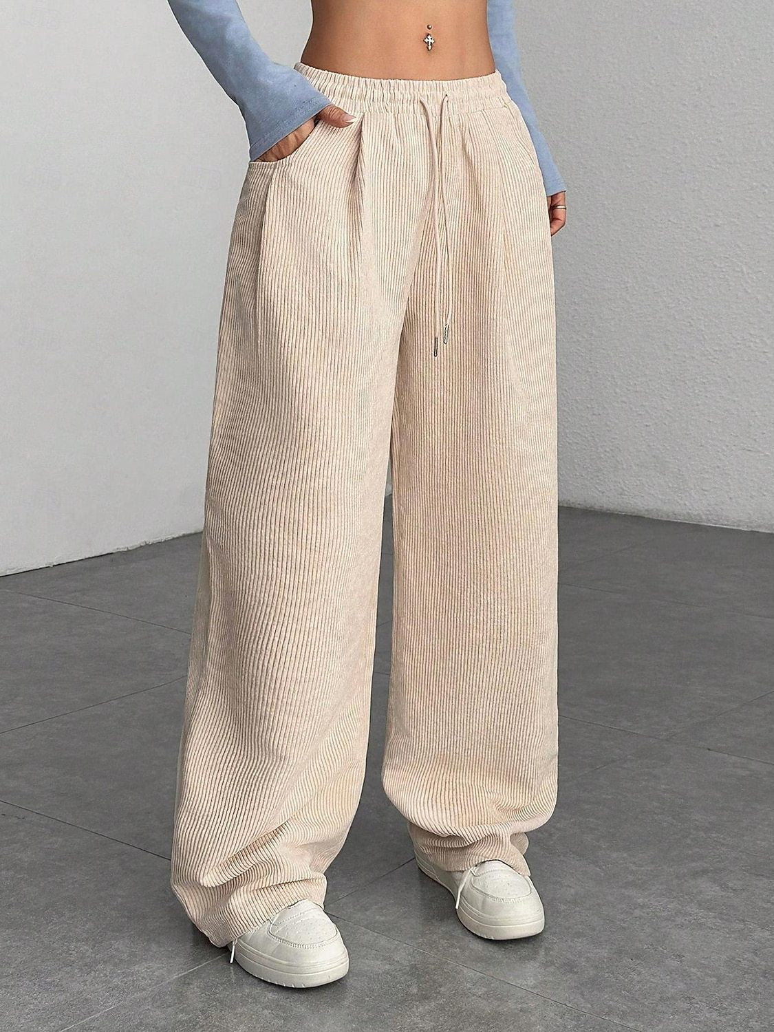 Women's Corduroy Wide Leg Pants Elastic Waist Drawstring