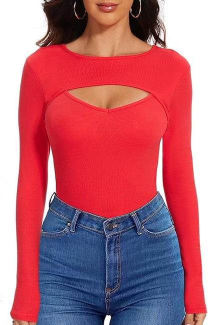 Sexy Cutout Ribbed Long Sleeve Fitted Top