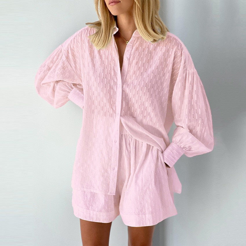 Women Textured Cotton Shirt Shorts Matching Set
