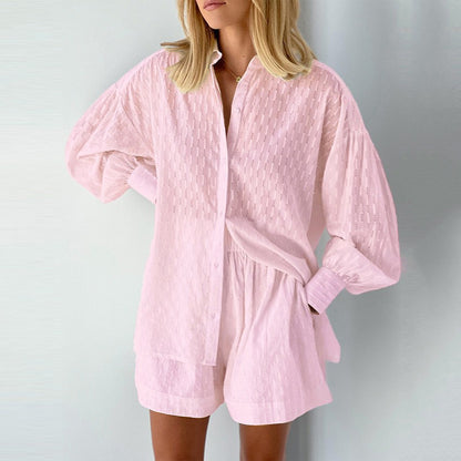 Women Textured Cotton Shirt Shorts Matching Set