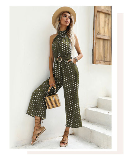 Polka Dot Halter Wide Leg Jumpsuit Vintage Resort Wear